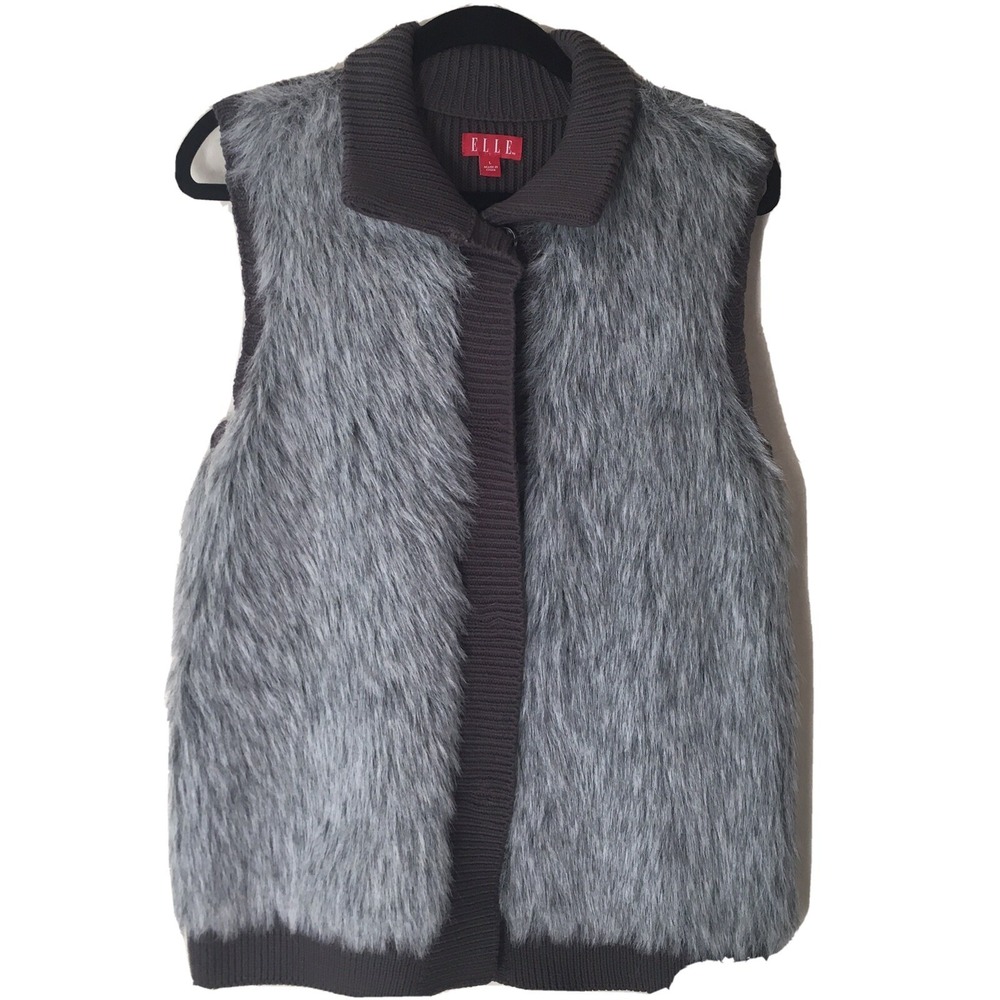 ELLE Knit Sweater Vest Large Gray Faux Fur Stretch Cozy Fall Winter NWOT